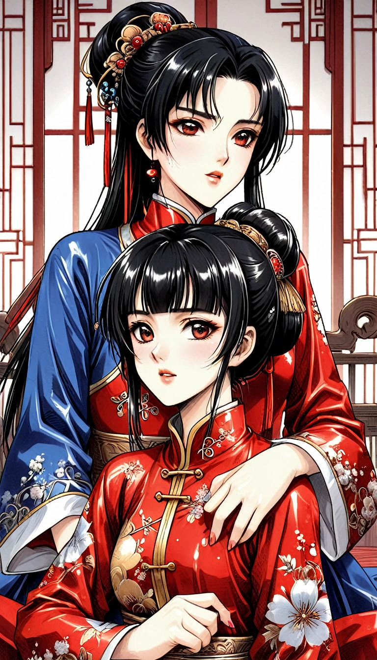 A tragic historical drama in 8k live-action style: Beautiful palace secrets　Beautiful Chinese Kung Fu Princess with long black hair has very intense sex with old Emperor　Gorgeous embroidery, Ultra glossy, She is wearing a shiny red top and bottom long sleeve floral pajama kung fu suit....　　