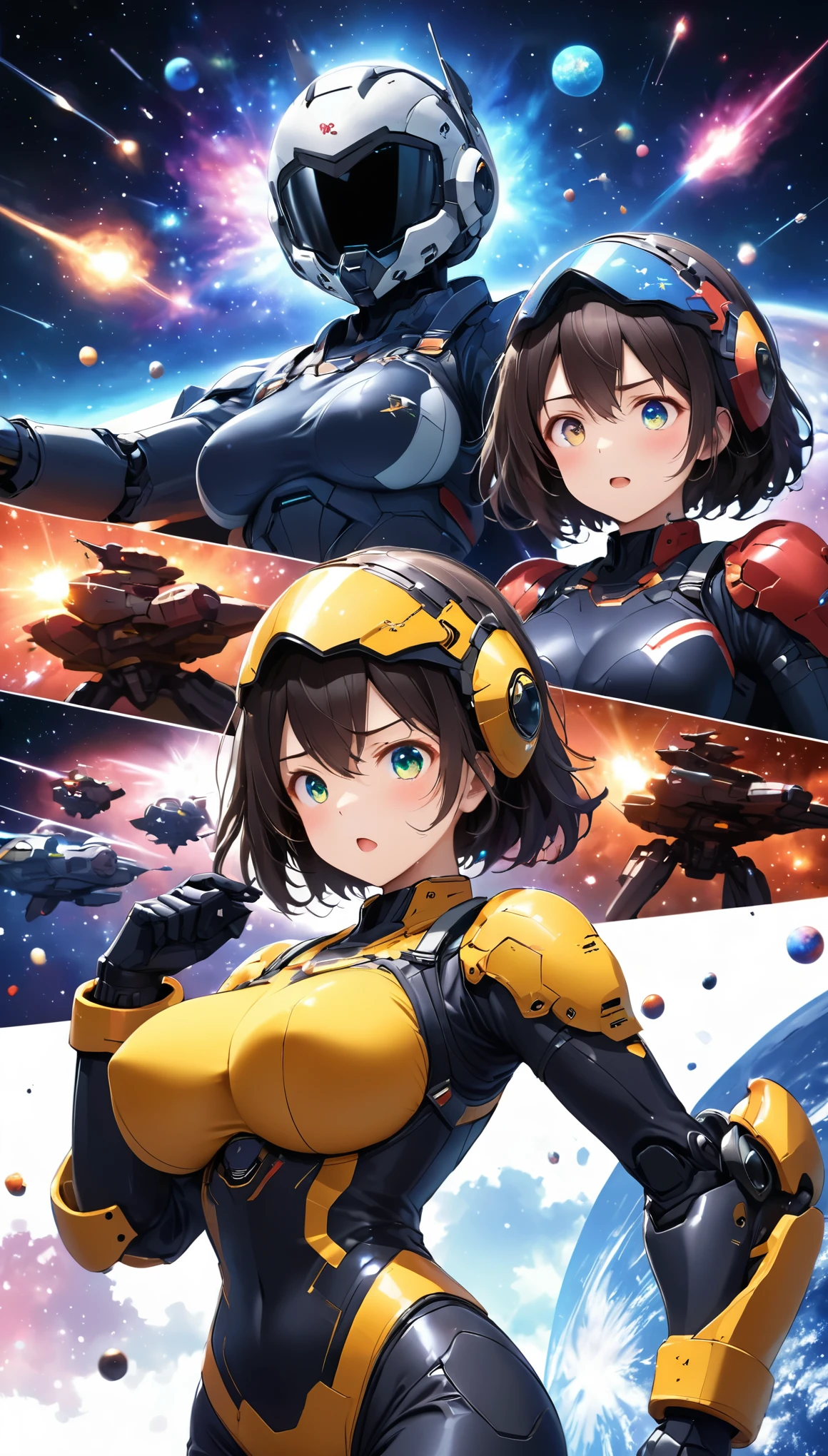 Highest quality, Highest quality, 16K, Unbelievably absurd, Very detailed, 2.5D, delicate and dynamic, universe, ロボットwar, war, , Vivid Earth, Tiny faint lights and colorful meteors, space ships, universeステーション, Very delicate facial expressions, Delicate eye depiction, Upper body close-up,, erotic, dynamic sexy poses, One sexy woman, Healthy body shape, 2 woman, Fighter pilot, Height: 170cm, big firm bouncing busts, Full Face Helmet, A robot suit with a complex structure, Robot Suzu with complex colors, Tight robot suit, , Movie battle scenes, Ready your gun?