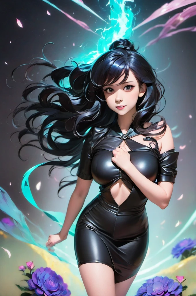 a girl with long hair and a black dress stands in front of a blue light, concept art by Ross Tran, Artstation, conceptual art, :: rossdraws, anime girl with cosmic hair, beautiful anime art style, loish |, jen bartel, loish art style, ross tran style, artgerm and atey ghailan