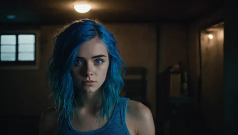 A detailed image of a 23-year-old woman with blue hair and blue eyes, wearing a tank top, standing and looking at the camera wit...
