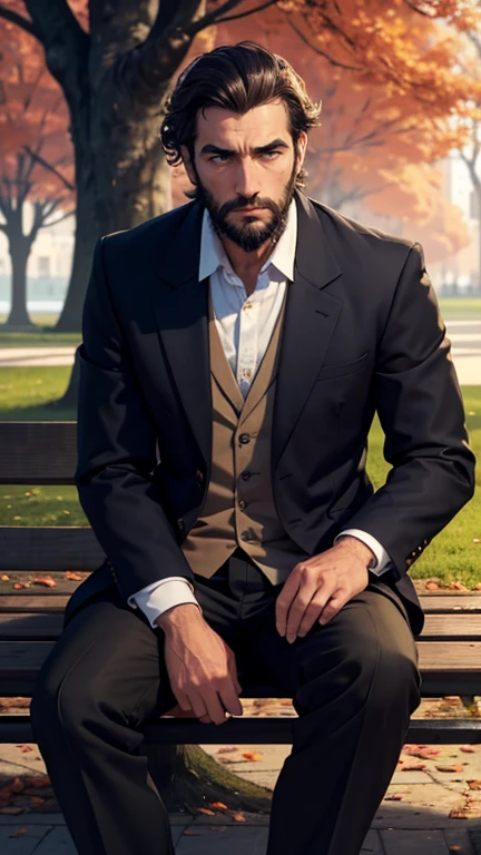 A man ( MANOLO)with a disheveled appearance and with several days of beard, Man sitting in an empty park at dusk, with the leaves falling around and an air of melancholy in the air.Text: "The days become eternal nights in this empty park without you."