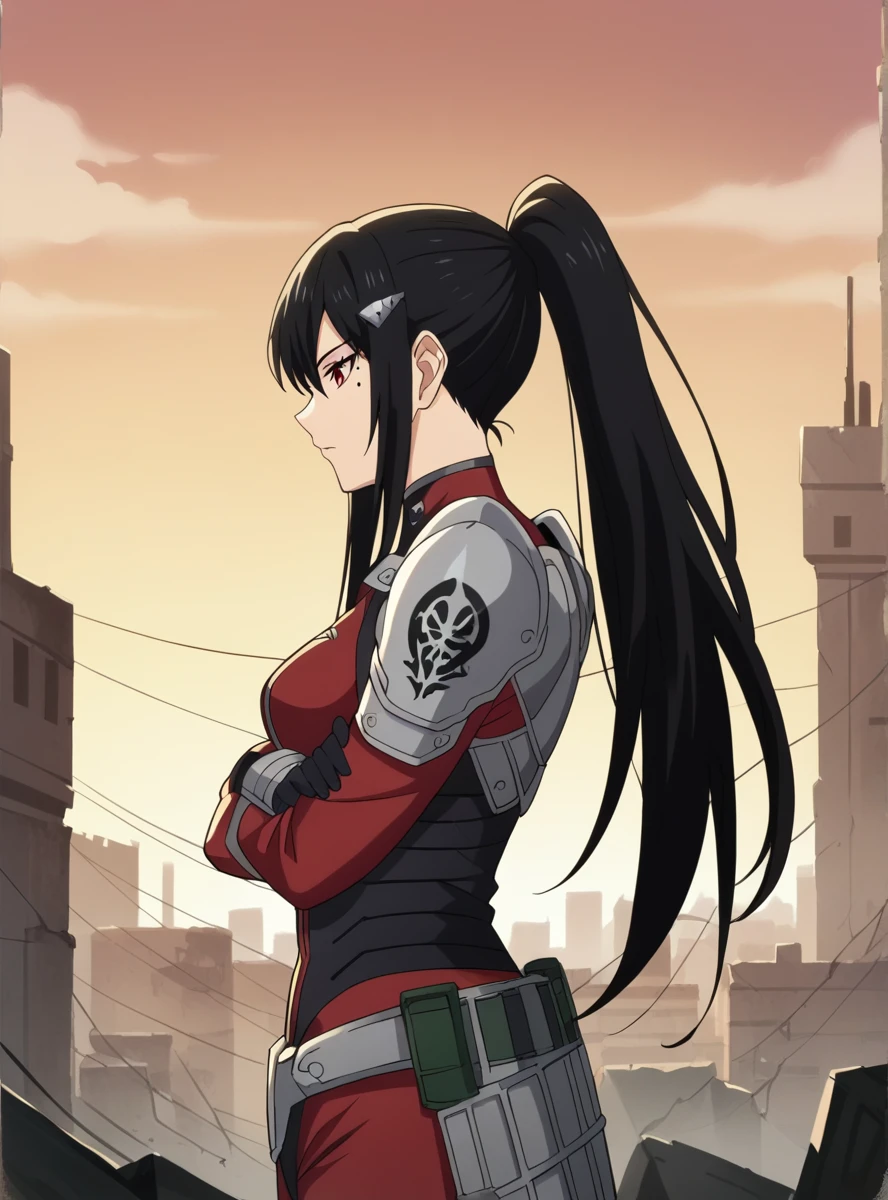 , score_9, score_8_superior, score_7_superior, score_6_superior, score_5_superior, score_4_superior, sauce_anime, masterpiece , anime screencap,  Absurd, tower, Black Hair, ponytail, Long Hair, hair ornaments, Mole under eye, Mole, Red eye bodysuit, armor, wide_hips superiorper body, Destroyed_City Ruins, View your viewers, Expressionless, Arms crossed, From the side,