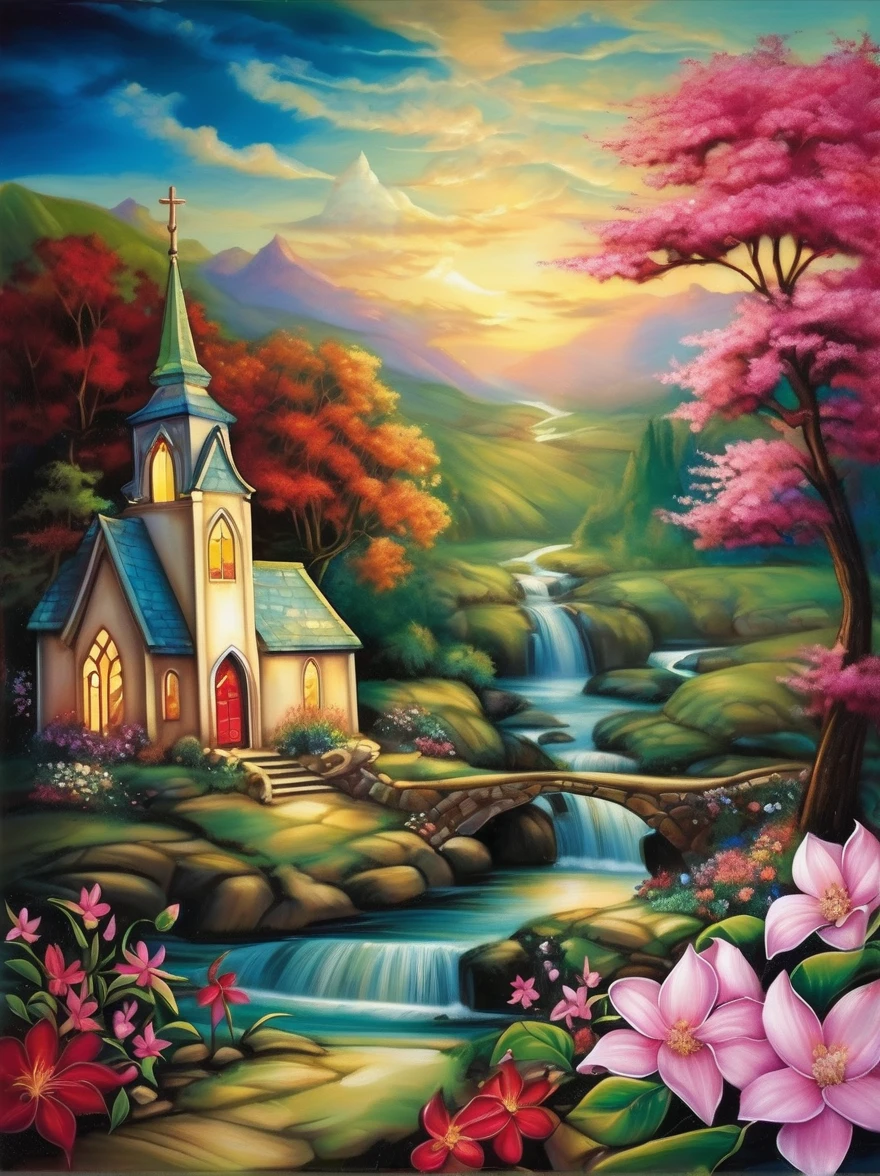 in style of Jasmine Becket-Griffith, stunning natural landscape, church