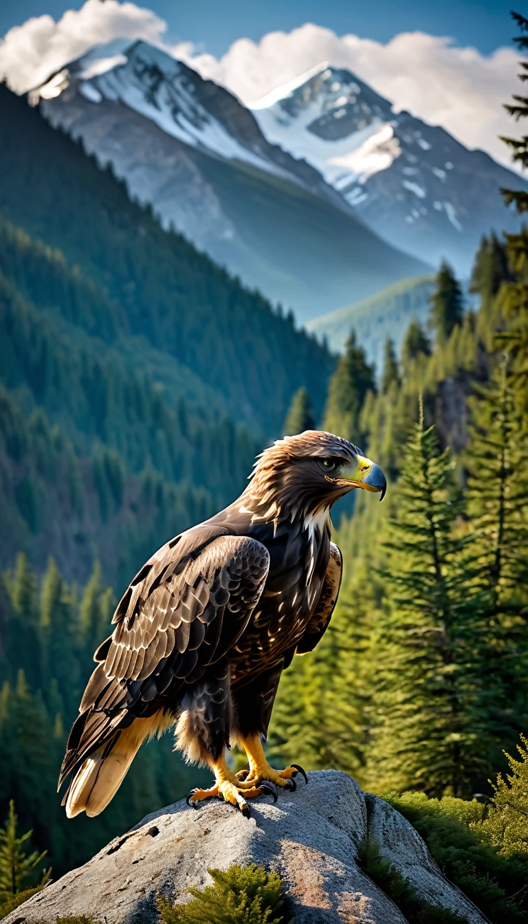 Montañas y bosques，Hay una especie de bestia，Parece un halcón，el águila&#39;Sus garras son como un par de manos humanas.(mejor calidad，4k，8K，Alto nivel，obra maestra：1.2），ultra detallado，（natural，Foto Real，Foto Real：1.37），Animales muy detallados.，Iluminación realista，Criaturas de fantasía