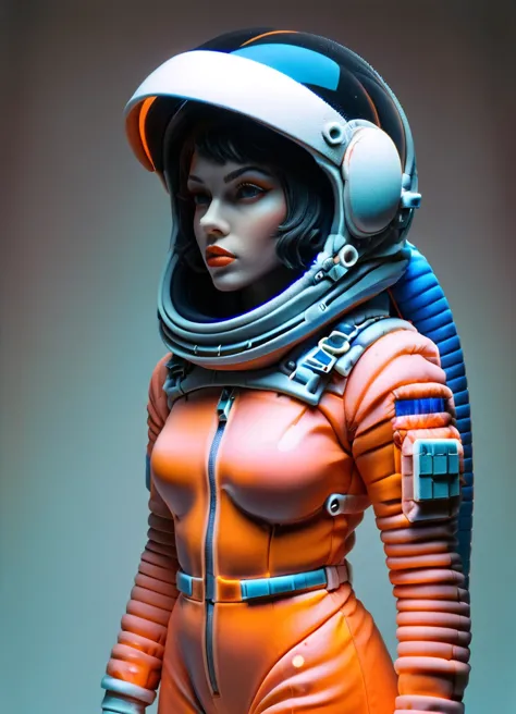 abstract 1998, fashion photography, 24mm, long shot, a black female astronaut from the 60s wearing an orange spacesuit and a lar...