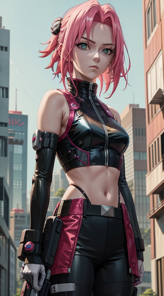 masterpiece, 1 girl, Exceptional style, Cyberpunk style, Pure white one shoulder, outdoor, Upper Body, Sakura Haruno, Bright green eyes, Pink Hair, Cool Girl