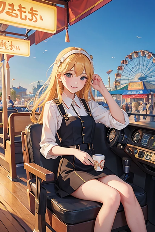 Highest quality、masterpiece、High sensitivity、High resolution、Detailed Description、One person、Slender women、Slim Body、In a gondola on a Ferris wheel at an amusement park、Sit facing each other、smile、