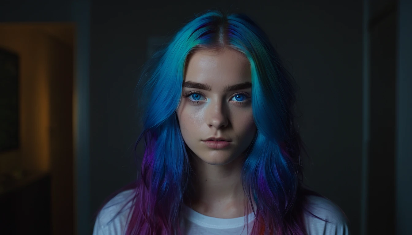 A detailed image of a 23-year-old with rainbow-colored hair and blue eyes, standing and looking at the camera with a serious expression, in a dark room during the late night, taken with a cinematic camera, using portrait with cinematic lighting --ar 16:9 --s 1000 --v 6