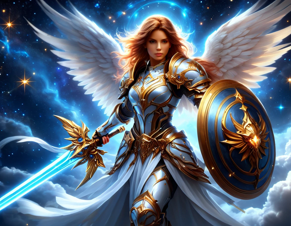 arafed a warrior angel in space battling in outer space, a female angel knight, magnificent beauty, divine beauty, dynamic hair color, dynamic hair color, dynamic eye color, intent gaze, she wears intricate space armor, with intricate mechanic parts, white angelic wings spread, magnificent wings, glorious wings, outer space background,  stars, vibrant, Ultra-high resolution, High Contrast, (masterpiece:1.5), highest quality, Best aesthetics), best details, best quality, highres, (ultra wide angle: 1.2), 16k, ultra detailed, masterpiece, best quality, (extremely detailed),aetherpunkai, GlowingRunesAI_paleblue, Sword and shield