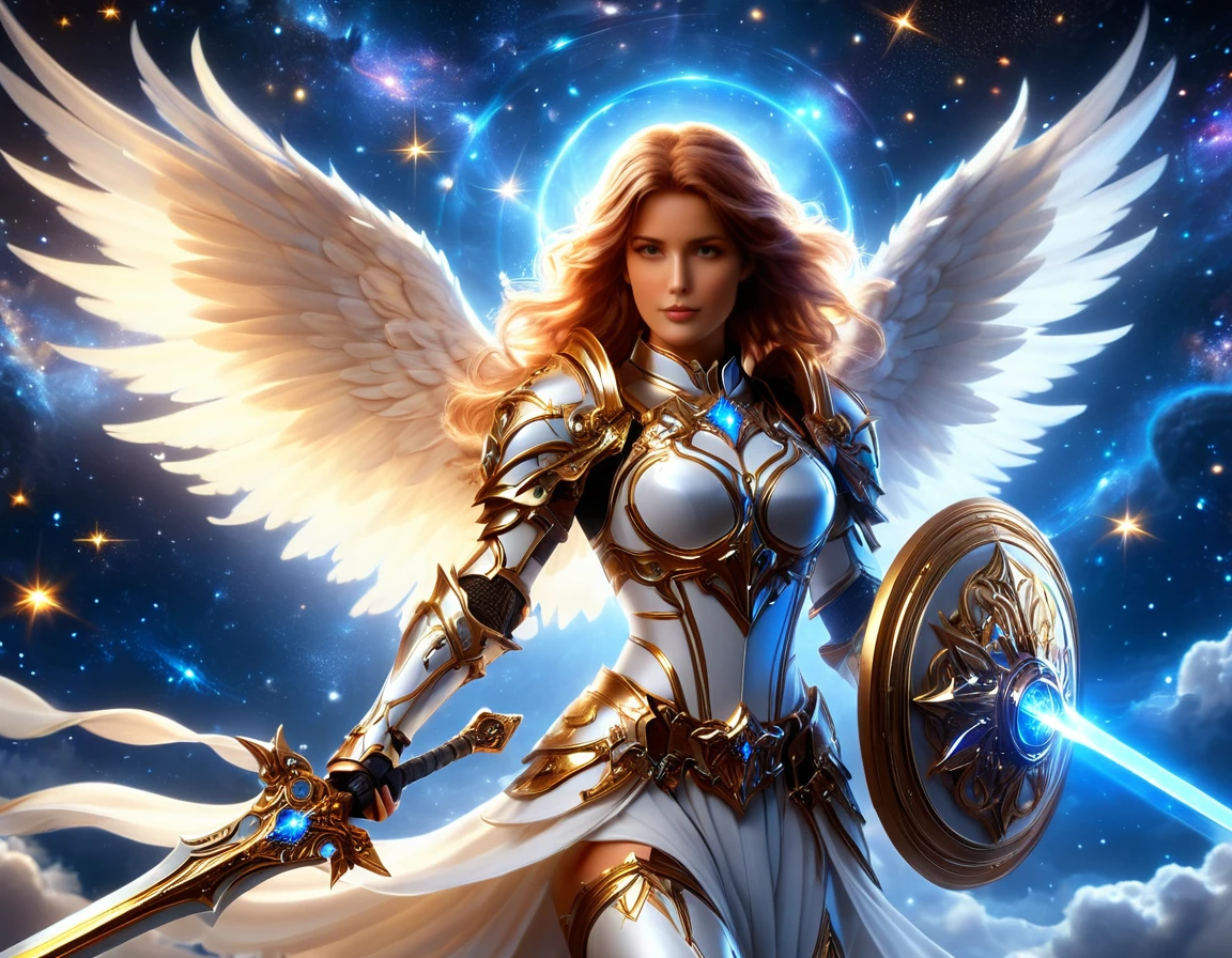 arafed a warrior angel in space battling in outer space, a female angel knight, magnificent beauty, divine beauty, dynamic hair color, dynamic hair color, dynamic eye color, intent gaze, she wears intricate space armor, with intricate mechanic parts, white angelic wings spread, magnificent wings, glorious wings, outer space background,  stars, vibrant, Ultra-high resolution, High Contrast, (masterpiece:1.5), highest quality, Best aesthetics), best details, best quality, highres, (ultra wide angle: 1.2), 16k, ultra detailed, masterpiece, best quality, (extremely detailed),aetherpunkai, GlowingRunesAI_paleblue, Sword and shield