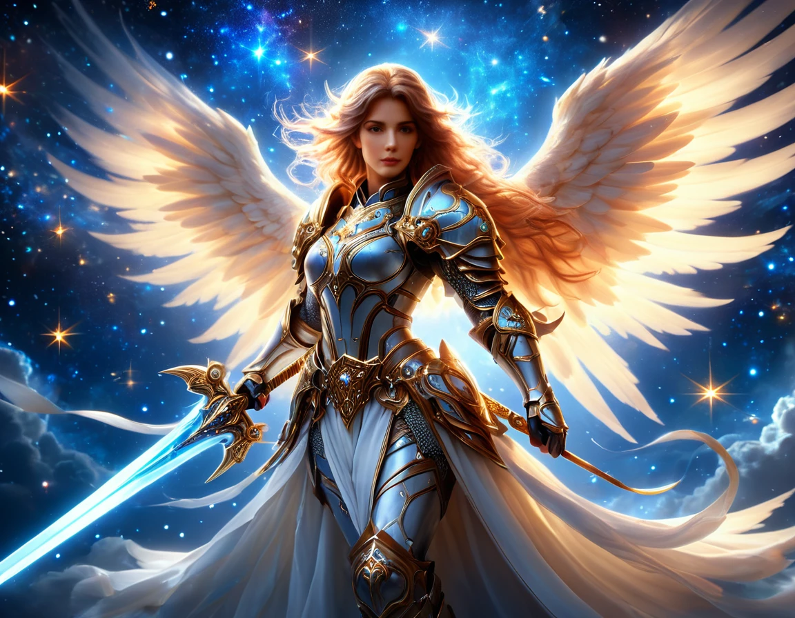 arafed a warrior angel in space battling in outer space, a female angel knight, magnificent beauty, divine beauty, dynamic hair color, dynamic hair color, dynamic eye color, intent gaze, she wears intricate space armor, with intricate mechanic parts, white angelic wings spread, magnificent wings, glorious wings, outer space background,  stars, vibrant, Ultra-high resolution, High Contrast, (masterpiece:1.5), highest quality, Best aesthetics), best details, best quality, highres, (ultra wide angle: 1.2), 16k, ultra detailed, masterpiece, best quality, (extremely detailed),aetherpunkai, GlowingRunesAI_paleblue, Sword and shield