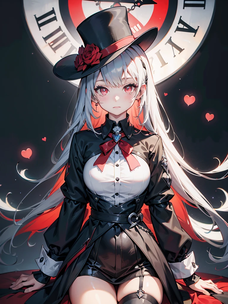 a close up of a person with a hat and a top hat, guys, anime cover, gothic harts, shadowverse style, from arknights, high detailed official artwork, black and white with red hearts, harley queen, nightcore, monochrome and red color bleed, light novel cover art, artbook artwork, artwork in the style of guweiz,A large distorted clock in the background、Anime Style、
