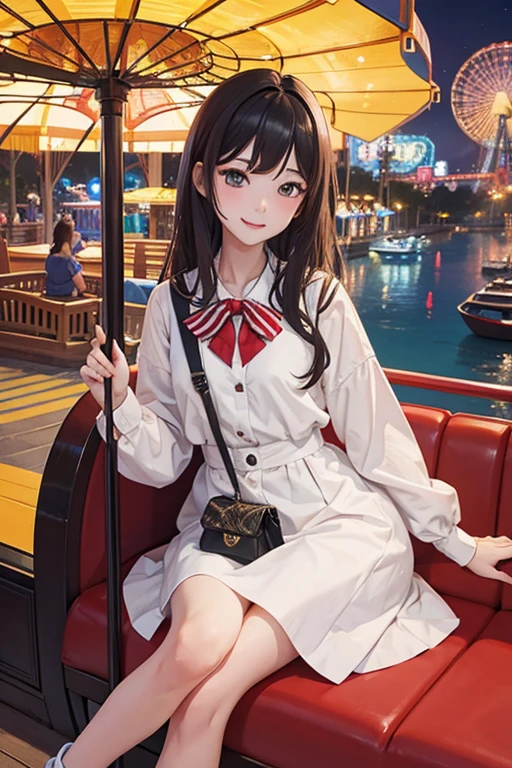 Highest quality、masterpiece、High sensitivity、High resolution、Detailed Description、One person、Slender women、Slim Body、In a gondola on a Ferris wheel at an amusement park、Sit face to face、smile、
