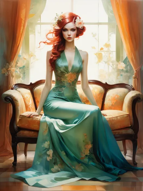 in style of anna dittmann, full body portrait of character sitting in the living room