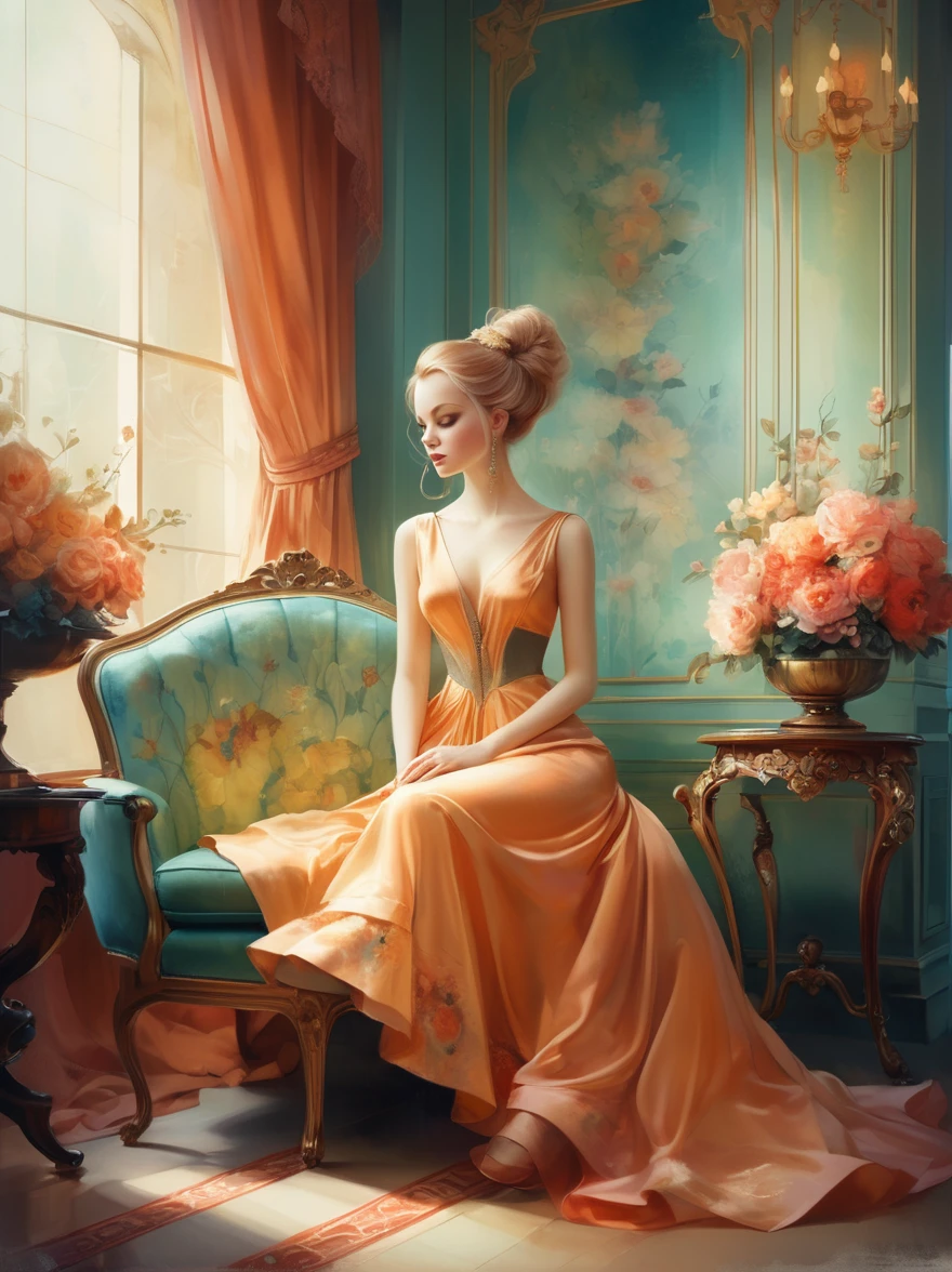 in style of Anna Dittmann, full body portrait of character sitting in the living room