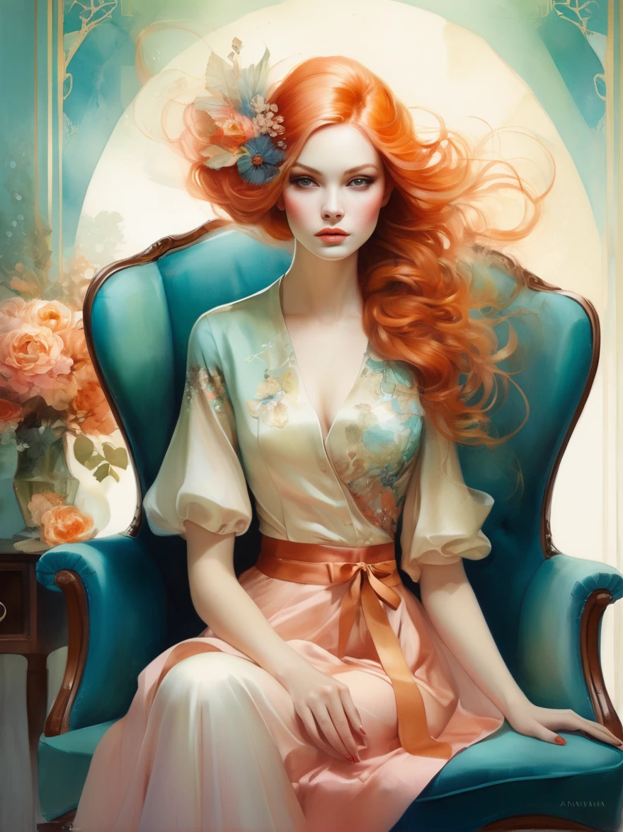 in style of Anna Dittmann, full body portrait of character sitting in the living room