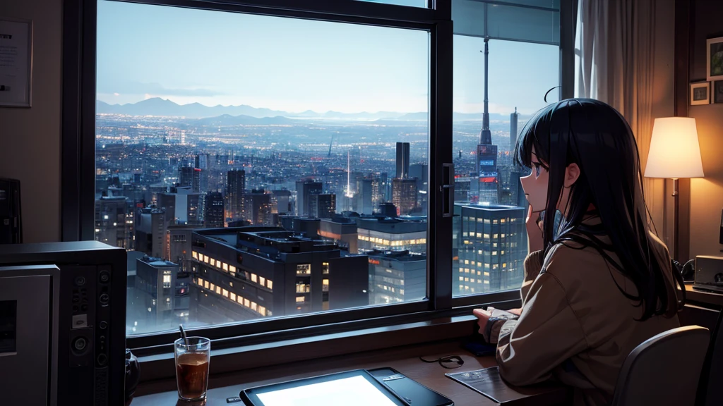 A girl is listening to music on a computer by the window. Outside the window is a night city.