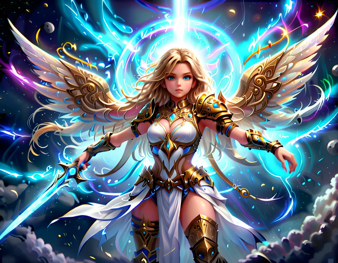 arafed a warrior angel in space battling in outer space, a female angel knight, magnificent beauty, divine beauty, dynamic hair color, dynamic hair color, dynamic eye color, intent gaze, she wears intricate space armor, with intricate mechanic parts, white angelic wings spread, magnificent wings, glorious wings, outer space background,  stars, vibrant, Ultra-high resolution, High Contrast, (masterpiece:1.5), highest quality, Best aesthetics), best details, best quality, highres, (ultra wide angle: 1.2), 16k, ultra detailed, masterpiece, best quality, (extremely detailed),aetherpunkai, GlowingRunesAI_paleblue, Sword and shield