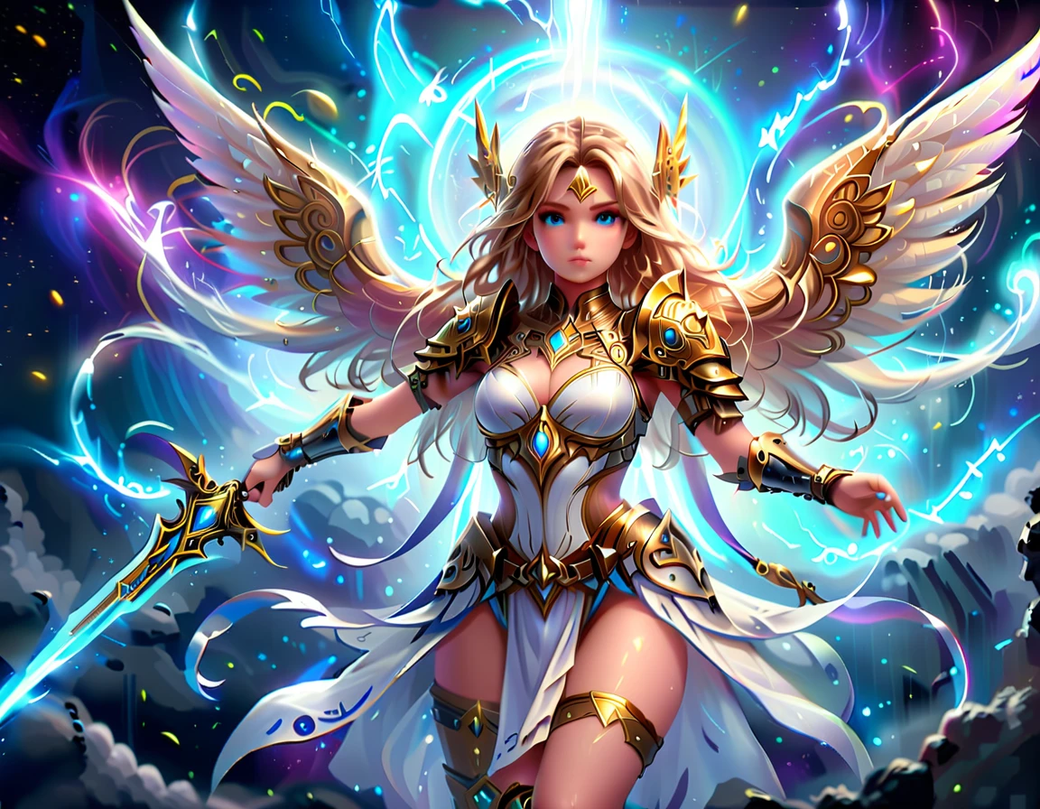 arafed a warrior angel in space battling in outer space, a female angel knight, magnificent beauty, divine beauty, dynamic hair color, dynamic hair color, dynamic eye color, intent gaze, she wears intricate space armor, with intricate mechanic parts, white angelic wings spread, magnificent wings, glorious wings, outer space background,  stars, vibrant, Ultra-high resolution, High Contrast, (masterpiece:1.5), highest quality, Best aesthetics), best details, best quality, highres, (ultra wide angle: 1.2), 16k, ultra detailed, masterpiece, best quality, (extremely detailed),aetherpunkai, GlowingRunesAI_paleblue, Sword and shield