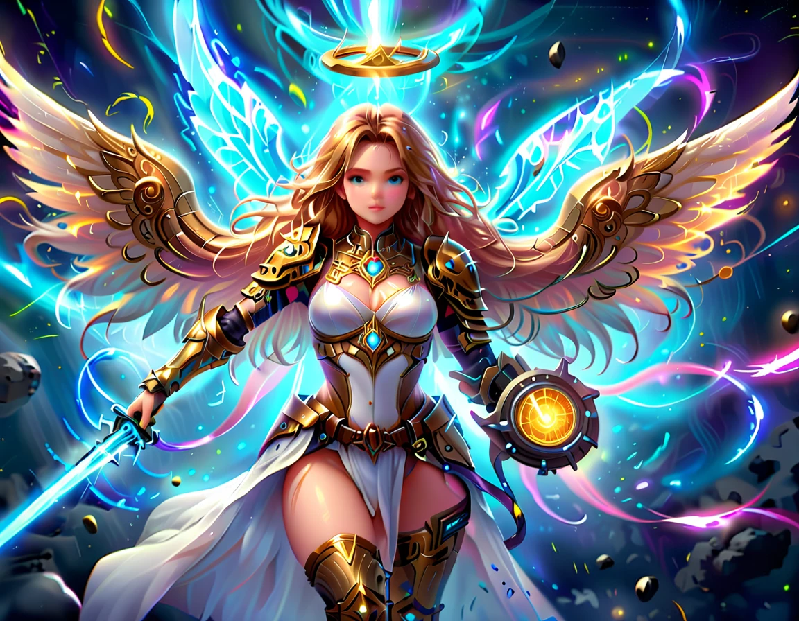 arafed a warrior angel in space battling in outer space, a female angel knight, magnificent beauty, divine beauty, dynamic hair color, dynamic hair color, dynamic eye color, intent gaze, she wears intricate space armor, with intricate mechanic parts, white angelic wings spread, magnificent wings, glorious wings, outer space background,  stars, vibrant, Ultra-high resolution, High Contrast, (masterpiece:1.5), highest quality, Best aesthetics), best details, best quality, highres, (ultra wide angle: 1.2), 16k, ultra detailed, masterpiece, best quality, (extremely detailed),aetherpunkai, GlowingRunesAI_paleblue, Sword and shield