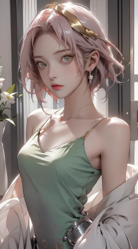 masterpiece, 1 girl, exceptional style, pure white one shoulder, indoor, gold collar, sakura haruno, bright green eyes, pink hai...