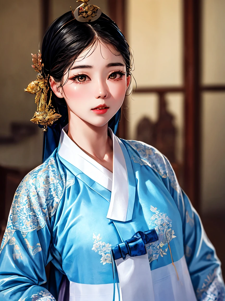 (masterpiece), (top quality), (beautiful and aesthetic), (1 woman), (1930s Korean woman), resembles Korean idol, highly detailed, shoulder exposed, chest exposed, traditional hanbok, upper body, portrait.