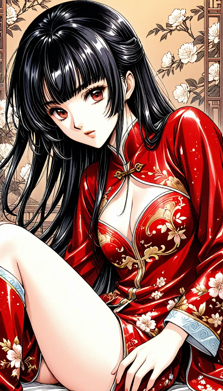 8k 真人版悲剧历史剧: 美丽的宫殿秘密　美丽的中国功夫公主，有着长长的黑发，张开着她的阴部　华丽的刺绣, 超光泽, 她穿着一件闪亮的红色上衣和下装长袖花睡衣功夫套装....　　她的阴部很脏