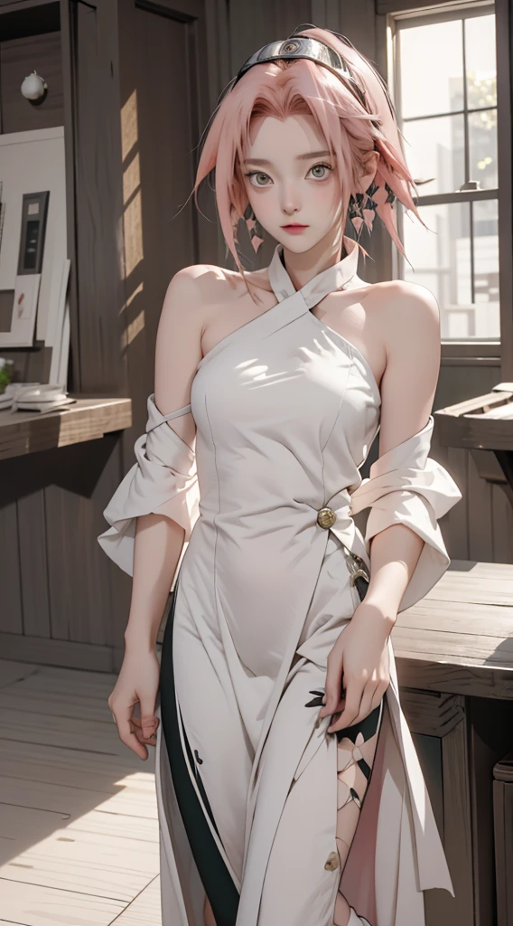 masterpiece, 1 girl, Exceptional style, Pure white one shoulder, indoor, Gold Collar, Sakura Haruno, Bright green eyes, Pink Hair, Sexy Girls