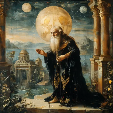 hermes trismegistus in black fur and magician costumes in ancient atlantis, golden kingdoms scene, astrological divinations, her...