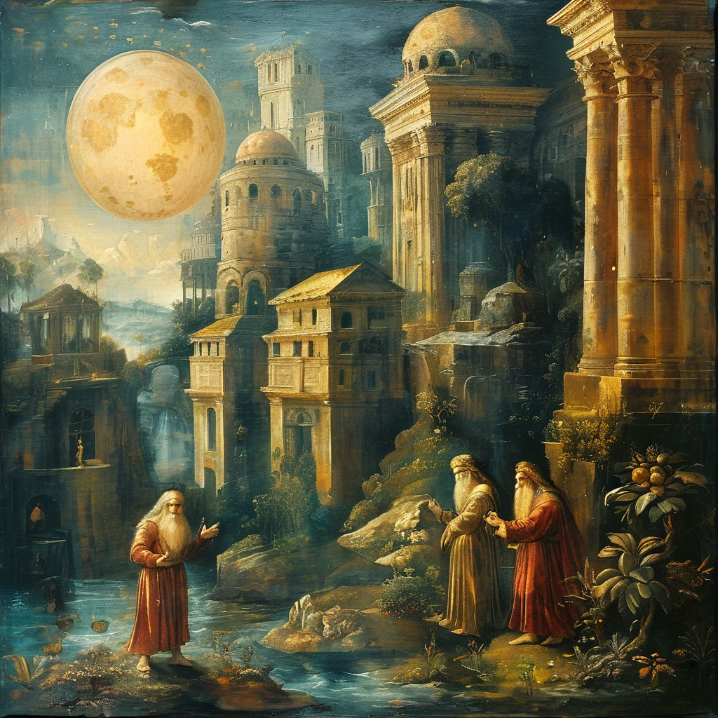 Hermes Trismegistus in black fur and magician costumes in ancient Atlantis, golden kingdoms scene, astrological divinations, hermeism, elements of astrology, ​masterpiece, cosmic and transcendent vibe, inspired by the works of leonado da vinci, oil painting, picture painting, renaissance painting, baroque art
