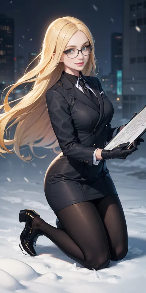 masterpiece, best quality, blonde hair, sfKolin, glasses, black shiny skirt suit (((three-piece suit))) necktie, blazer, suit ja...