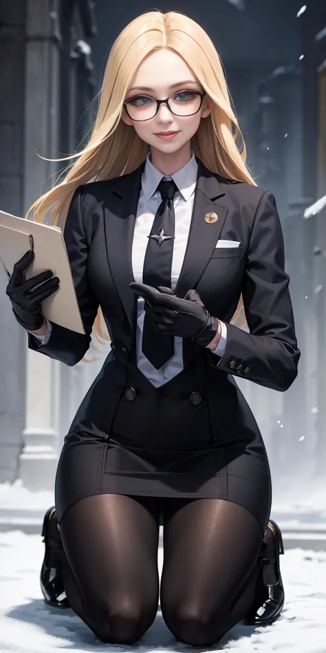 masterpiece, best quality, blonde hair, sfKolin, glasses, black shiny skirt suit (((three-piece suit))) necktie, blazer, suit ja...