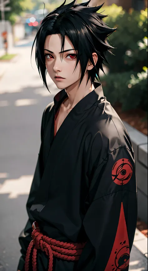 masterpiece, 1 boy, Superior Style, Uchiha Sasuke, Red eyes, Urban streetwear, Open, upper body, Uchiha Sasuke, Bright eyes, bla...