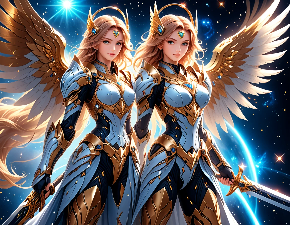 arafed a warrior angel in space battling in outer space, a female angel knight, magnificent beauty, divine beauty, dynamic hair color, dynamic hair color, dynamic eye color, intent gaze, she wears intricate space armor, with intricate mechanic parts, white angelic wings spread, magnificent wings, glorious wings, outer space background,  stars, vibrant, Ultra-high resolution, High Contrast, (masterpiece:1.5), highest quality, Best aesthetics), best details, best quality, highres, (ultra wide angle: 1.2), 16k, ultra detailed, masterpiece, best quality, (extremely detailed),aetherpunkai, GlowingRunesAI_paleblue, Sword and shield