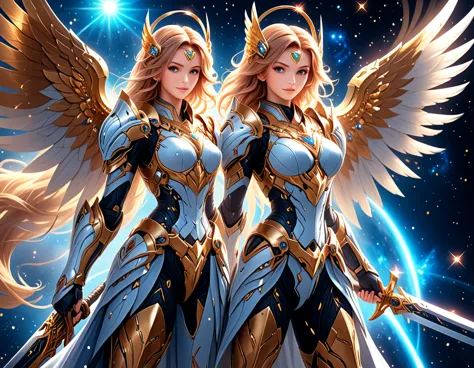 arafed a warrior angel in space battling in outer space, a female angel knight, magnificent beauty, divine beauty, dynamic hair ...