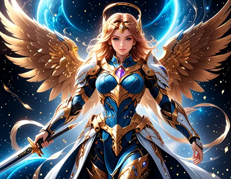 arafed a warrior angel in space battling in outer space, a female angel knight, magnificent beauty, divine beauty, dynamic hair ...