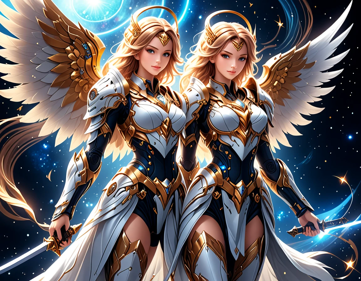 arafed a warrior angel in space battling in outer space, a female angel knight, magnificent beauty, divine beauty, dynamic hair color, dynamic hair color, dynamic eye color, intent gaze, she wears intricate space armor, with intricate mechanic parts, white angelic wings spread, magnificent wings, glorious wings, outer space background,  stars, vibrant, Ultra-high resolution, High Contrast, (masterpiece:1.5), highest quality, Best aesthetics), best details, best quality, highres, (ultra wide angle: 1.2), 16k, ultra detailed, masterpiece, best quality, (extremely detailed),aetherpunkai, GlowingRunesAI_paleblue, Sword and shield