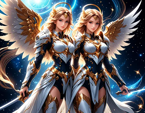 arafed a warrior angel in space battling in outer space, a female angel knight, magnificent beauty, divine beauty, dynamic hair ...