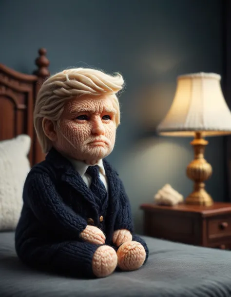 Donald Trump Doll Photo, Sitting on the bed, Simple bedroom, Bokeh, Very fluffy and cute, Cozy and safe atmosphere, A quiet, dim...