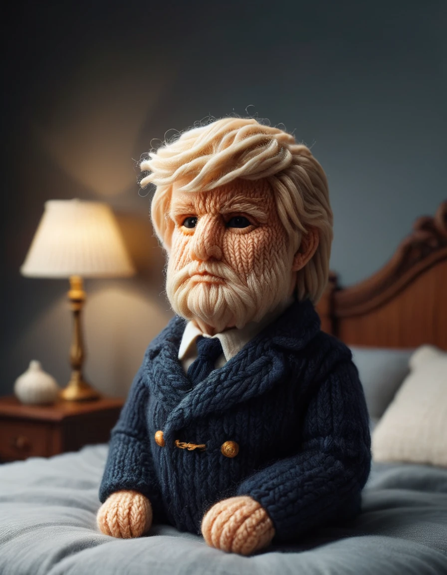 Donald Trump Doll Photo, Sitting on the bed, Simple bedroom, Bokeh, Very fluffy and cute, Cozy and safe atmosphere, A quiet, dim light from a lamp, Very detailed, Ultra-realistic, 4K, High resolution, Donald Trump Doll Photo, Sitting on the bed, Simple bedroom, Bokeh, Very fluffy and cute, Cozy and safe atmosphere, A quiet, dim light from a lamp, Very detailed, Ultra-realistic, 4K, High resolution, Complex, elegant, Highly reinforced, Dramatic Ambient Dynamic, Rich, deep colour, A beautifully composed film with cinematic perfection