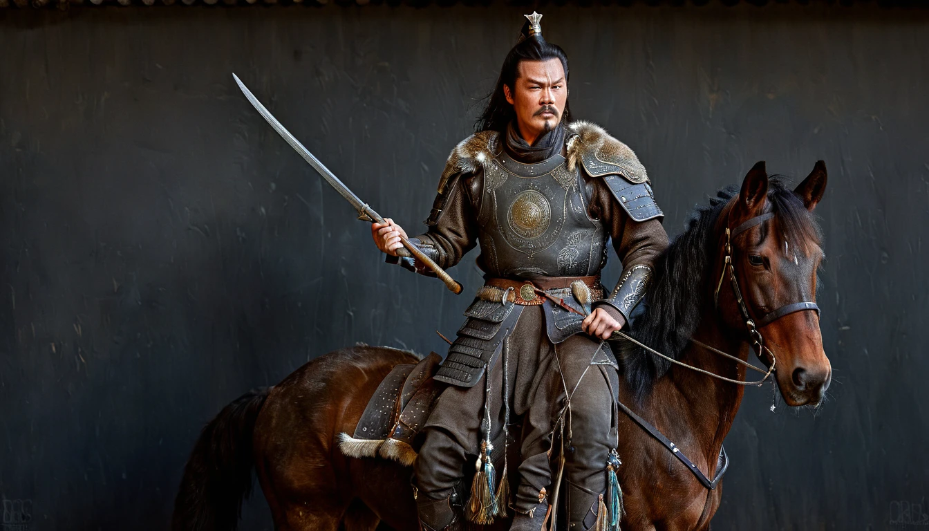 General Kraus, Wearing leather armor、Brown leather protective gear，Holding a Mongolian scimitar, Highly detailed characters, Mongolian man with high cheekbones，Clear and refined face，Mongolian Cavalry，The generals of the Ming Dynasty had white tassels or feathers on their helmets，Norse epic hero, Muscular man with war god tattoo, Riding on horseback, Portrait photography style，Light, (Extremely detailed CG 8k wallpaper), The most beautiful works of art in the world - full body photos, original皮甲, Mongolian small shield，Human Portrait, hunter, Animal hides，brutal，original, macho man, Ed Blinkey (Ed Blinkey) Magnificent professional oil paintings created, Artie Guerlain, Studio Ghibli, Courtesy of Jeremy Mann, Greg Manches, Antonio Moro, Art Station Trends, Social Trends, Wheels within wheels, High Detail, sharp focus, Dramatic and realistic art by Midjourney and Greg Rutkowski, Horse has armor，Charge and Slash