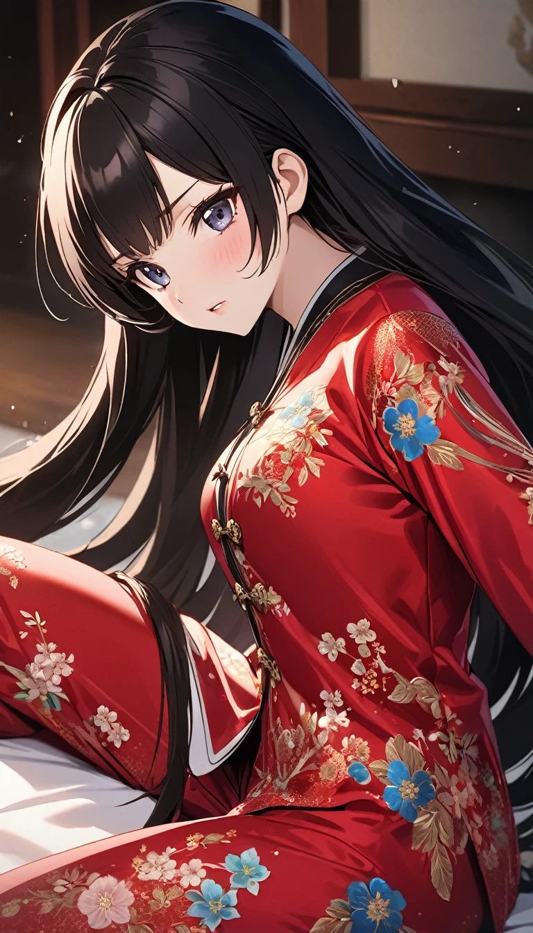 A tragic historical drama in 8k live-action style: Beautiful palace secrets　Beautiful Chinese Kung Fu Princess with long black hair having sex　Gorgeous embroidery, Ultra glossy, She is wearing a shiny red top and bottom long sleeve floral pajama kung fu suit....　　She&#39;s crying