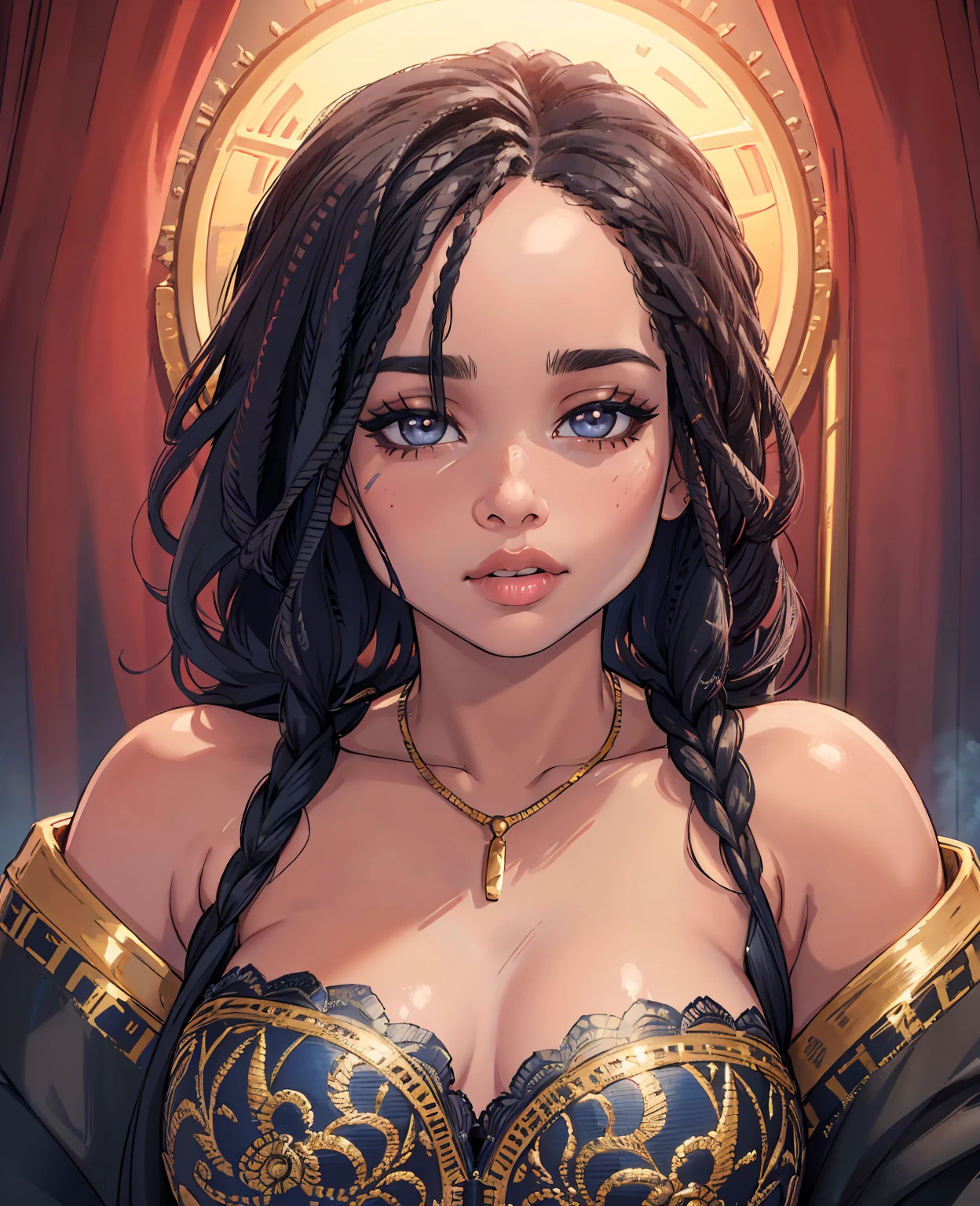 a beautiful portrait of Zoe Kravitz, (best quality,4k,8k,highres,masterpiece:1.2),ultra-detailed,(realistic,photorealistic,photo-realistic:1.37),extremely detailed eyes and face, long eyelashes, beautiful detailed lips, glamorous, sultry expression, flowing dark hair, bare shoulders, cinematic lighting, dramatic color grading, cinematic composition, elegant, high fashion, editorial style