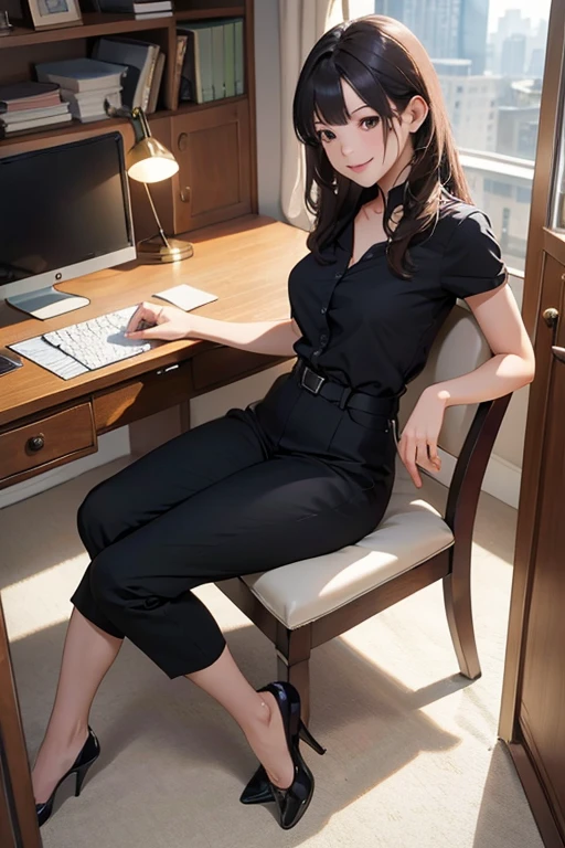 Highest quality、masterpiece、High sensitivity、High resolution、Detailed Description、One person、Slender women、Slim Body、Sit on a chair facing forward、smile、From an angle from your feet、office
