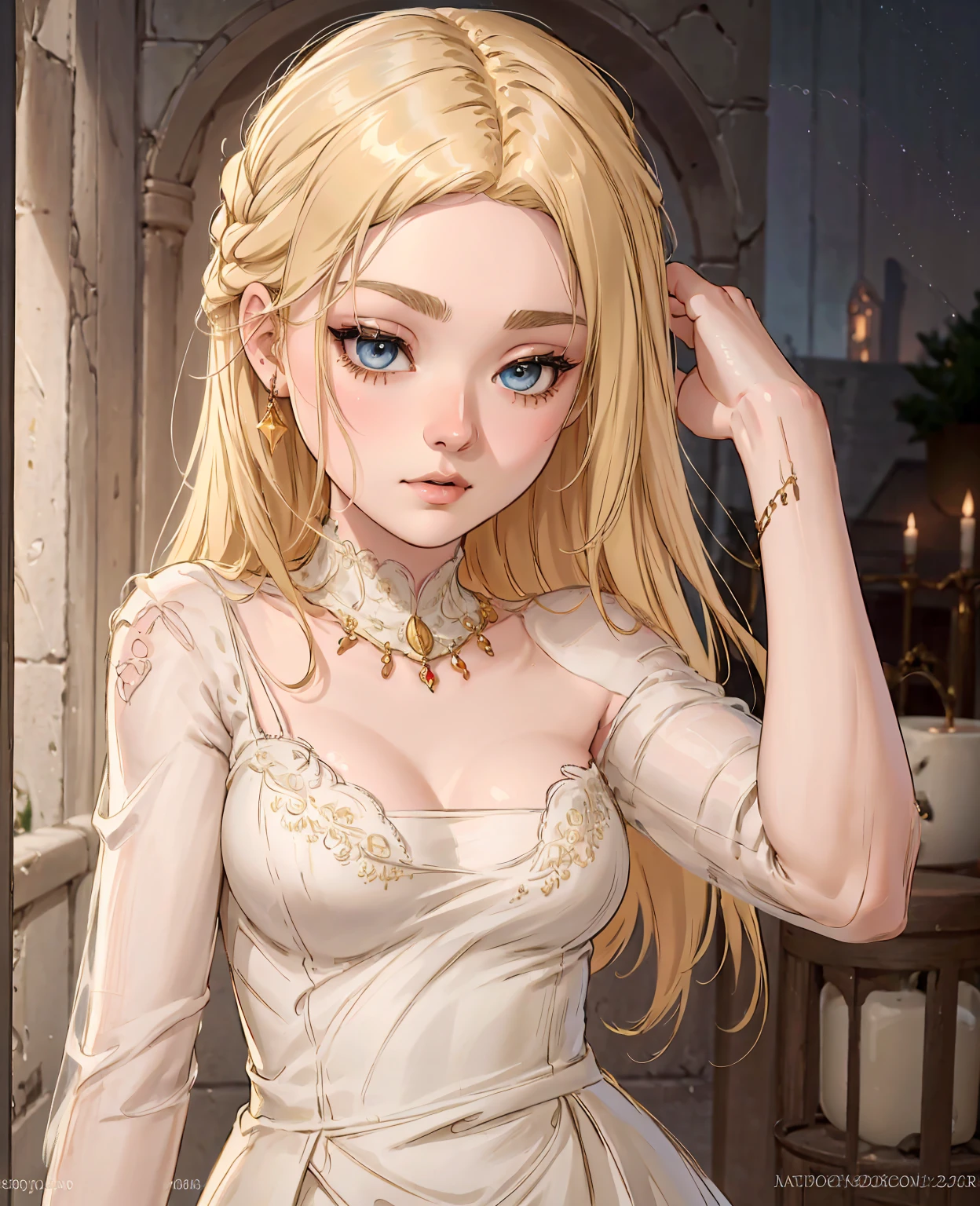 a beautiful highly detailed portrait of dakota fanning, extremely detailed eyes and face, long eyelashes, perfect skin, elegant expression, detailed jewelry, flowing blonde hair, elegant dress, photorealistic, 8k, high quality, hyperrealistic, cinematic lighting, warm color palette