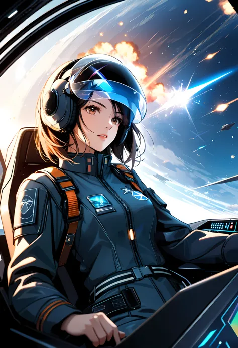 Create a detailed image of a female starfighter pilot in the cockpit of her starfighter, viewed from the front. She is under int...