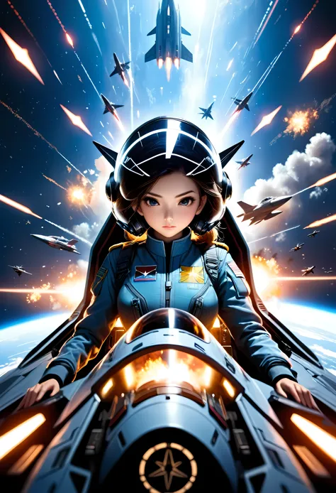 Create a detailed image of a female starfighter pilot in the cockpit of her starfighter, viewed from the front, with the structu...