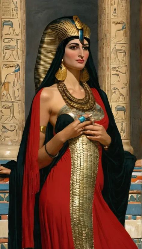 Femme égyptienne , avec une grosse poitrine, une peau de serpent, de l'Égypte antique, dans un temple égyptien, porte une robe r...