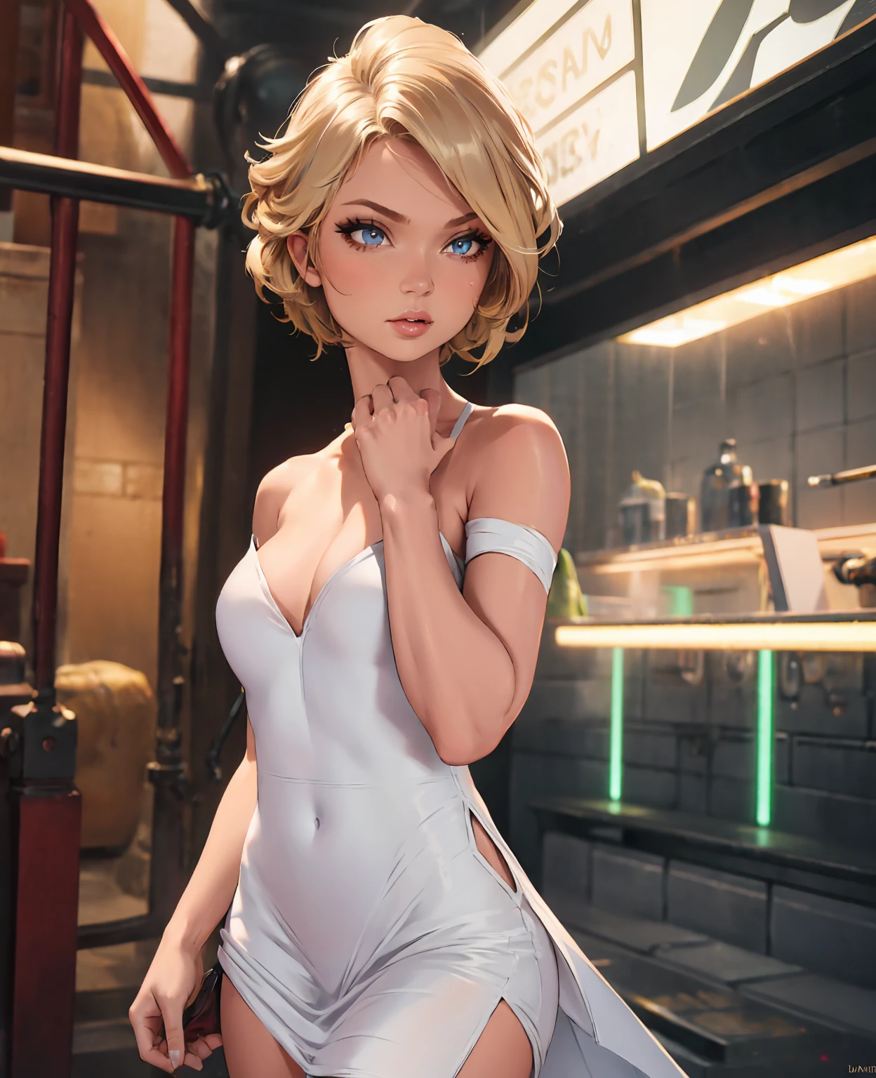 a beautiful young woman, dakota skye, sexy pose, looking directly at camera, detailed facial features, full lips, long eyelashes, perfect skin, tight white dress, slim figure, dynamic lighting, photorealistic, 8k, highly detailed, cinematic, dramatic lighting, glowing skin, volumetric lighting, depth of field, hyper-realistic, artstation, award winning, octane render, unreal engine, cinematic composition