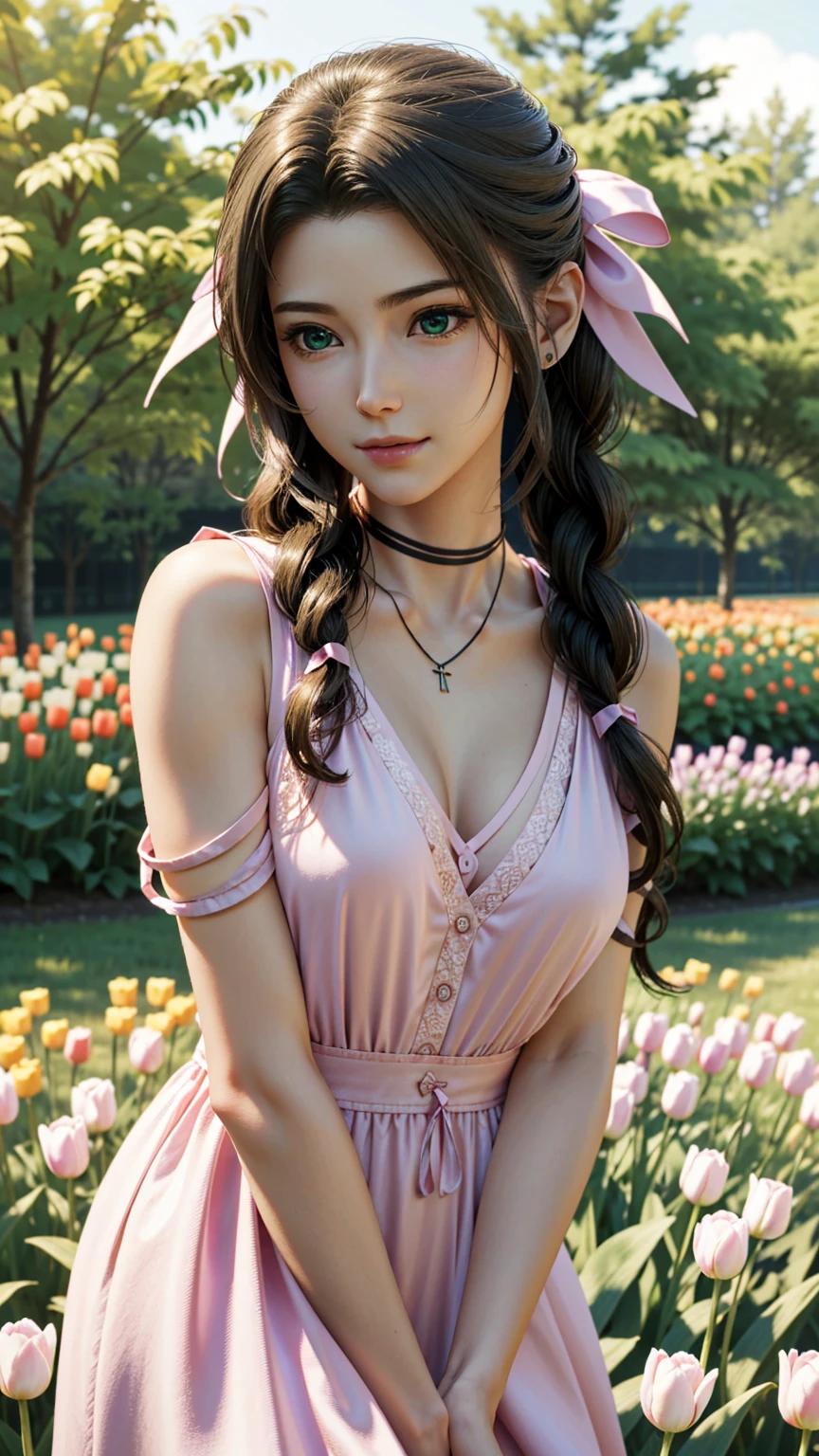 (masterpiece, 最high quality)
Air FF7, 1 Girl, alone, Long Hair, bangs, Brown Hair, dress,  ribbon, jewelry, Mouth closed, Green Eyes, Red jacket, hair pink ribbon, whole body, Braiding,  Side Lock, choker, necklace, lips, parted bangs, pink,Pink dress,  Realistic,Super high quality,high quality,masterpiece,Digital SLR,Detailed explanation,Exquisite details,Anatomical basis,depicted in detail,Detailed face,Realistic skin texture,Crisp details,Perfect Anatomy,Perfect Anatomy,Anatomically correct hand,Anatomically correct fingers,Super detailed,Complex 3D rendering,Sexy pose,The morning sun is beautiful,Amazing blue sky,Mysterious tulip fields,Take a whole body photo,9 heads and bodies,Pink Lip,Accentuate the beauty of the whole body,smile,
